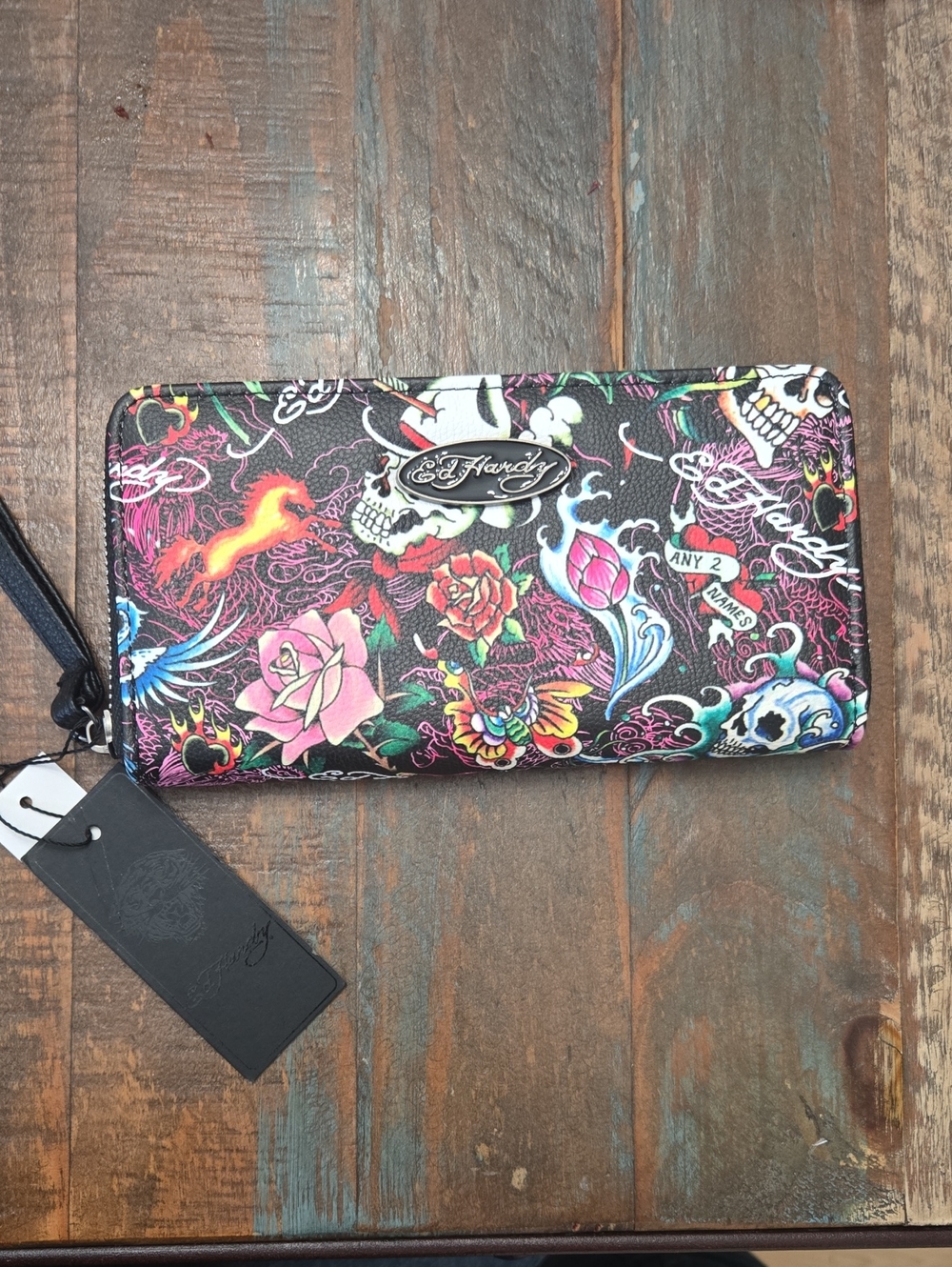 Ed Hardy Black Multicolor Tattoo-Print Zip Wallet